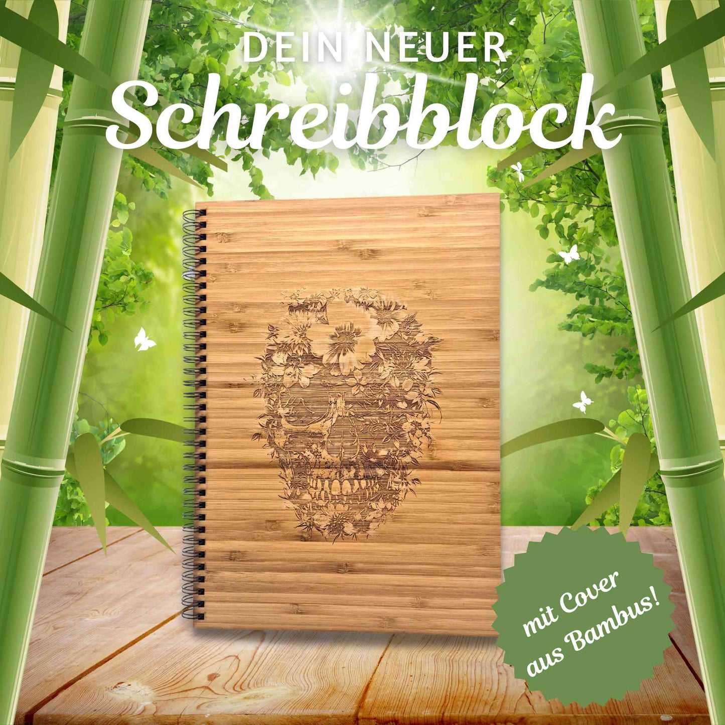 Notizblock mit Holzcover aus Bambus und einer Gravur eines Totenkopfs mit Blumen