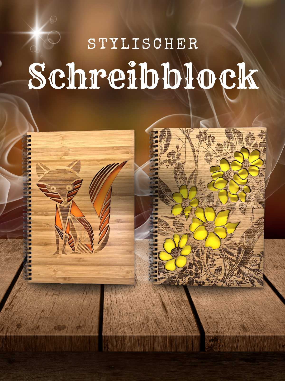 Schreibblock aus Bambus mit Fuchsmotiv und Notizblock aus Eiche mit Blumen