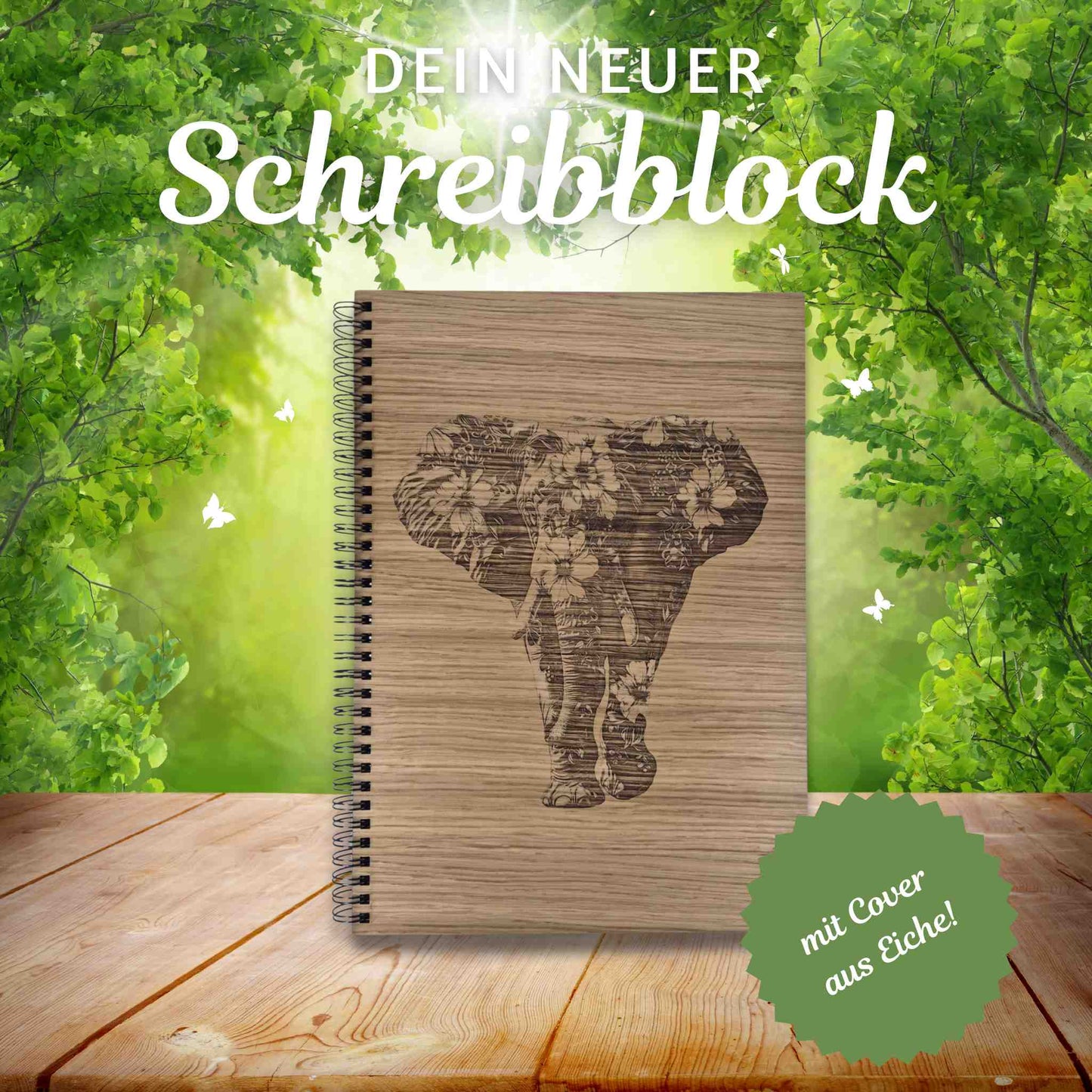 Notizblock / Schreibblock mit Cover aus Eichenholz und einem gravierten Elefanten