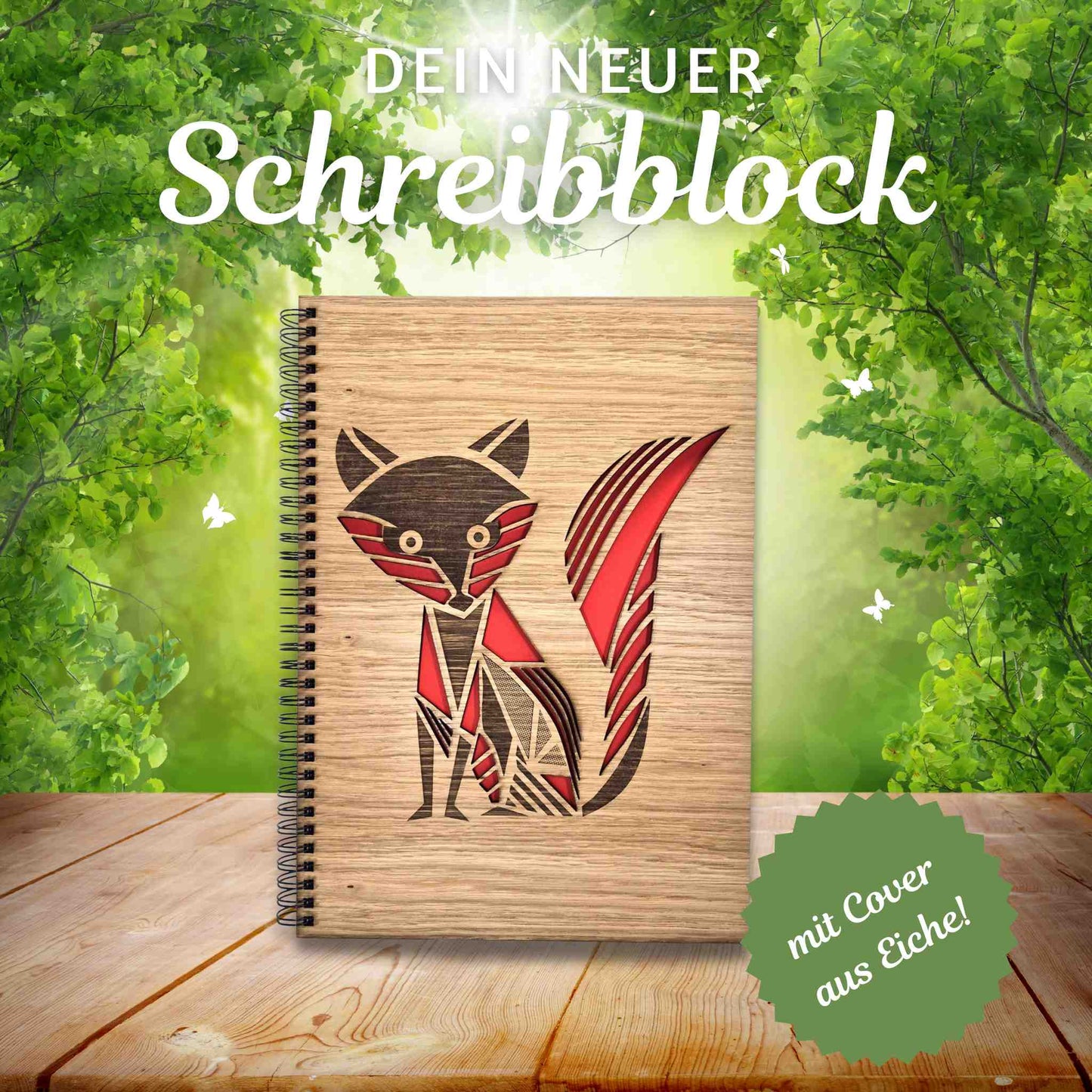 Notizblock / Schreibblock mit Holzcover aus Eichenholz und einer Gravur eines Fuchs mit einem roten Fell