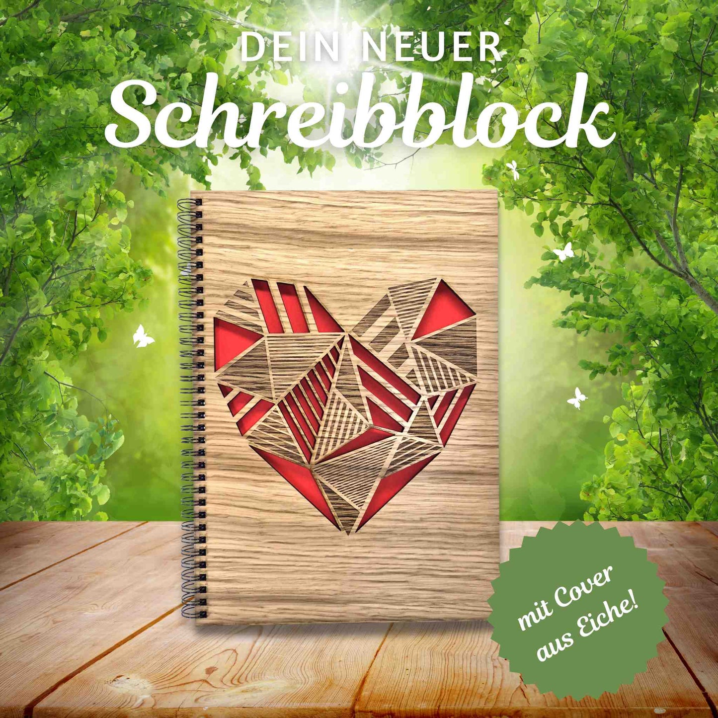 Notizblock / Schreibblock mit Holzcover aus Eichenholz und einer edlen Lasergravur mit einem Herz
