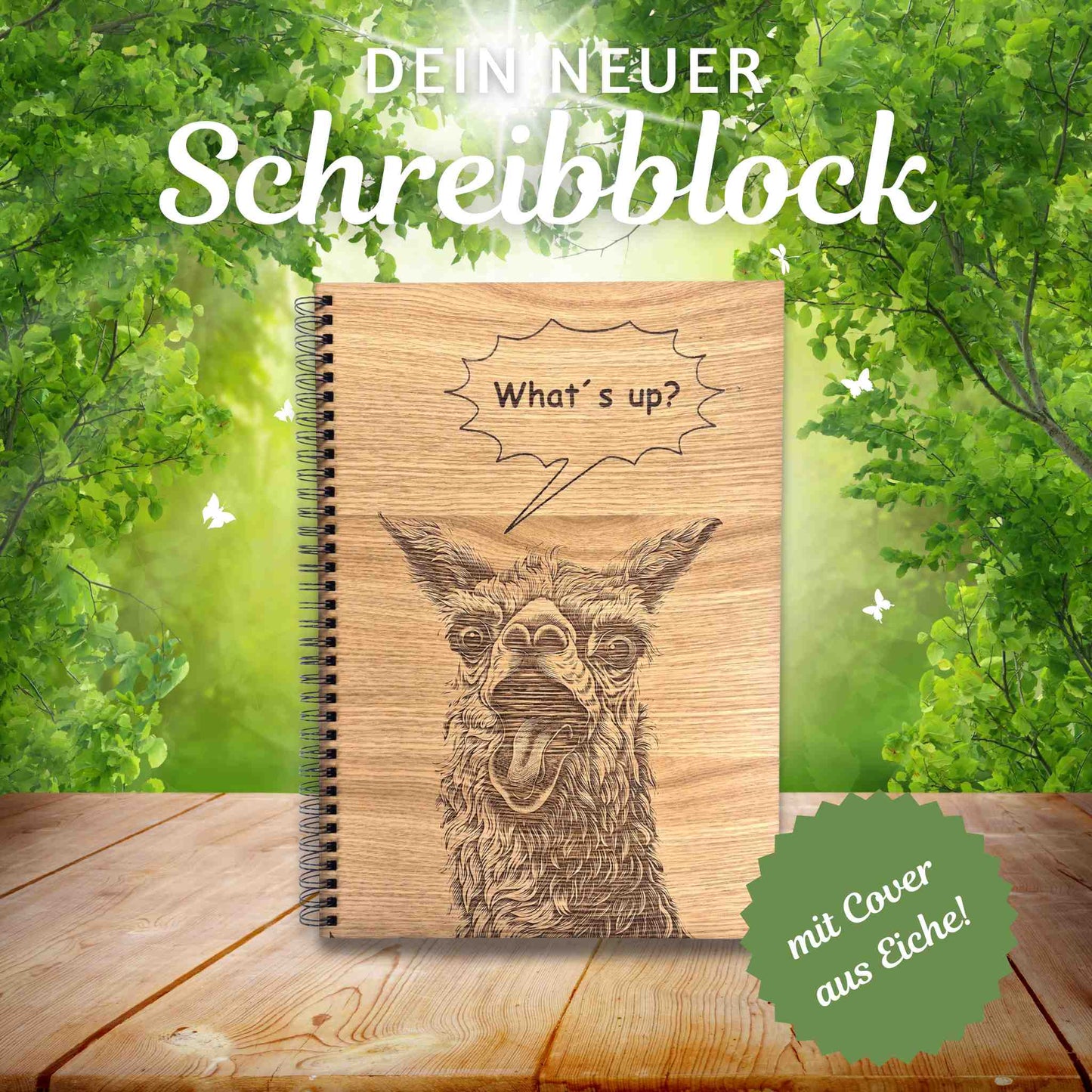 Notizblock / Schreibblock mit Holzcover aus Eichenholz und einer Gravur mit einem Lama und einem witzigen Spruch