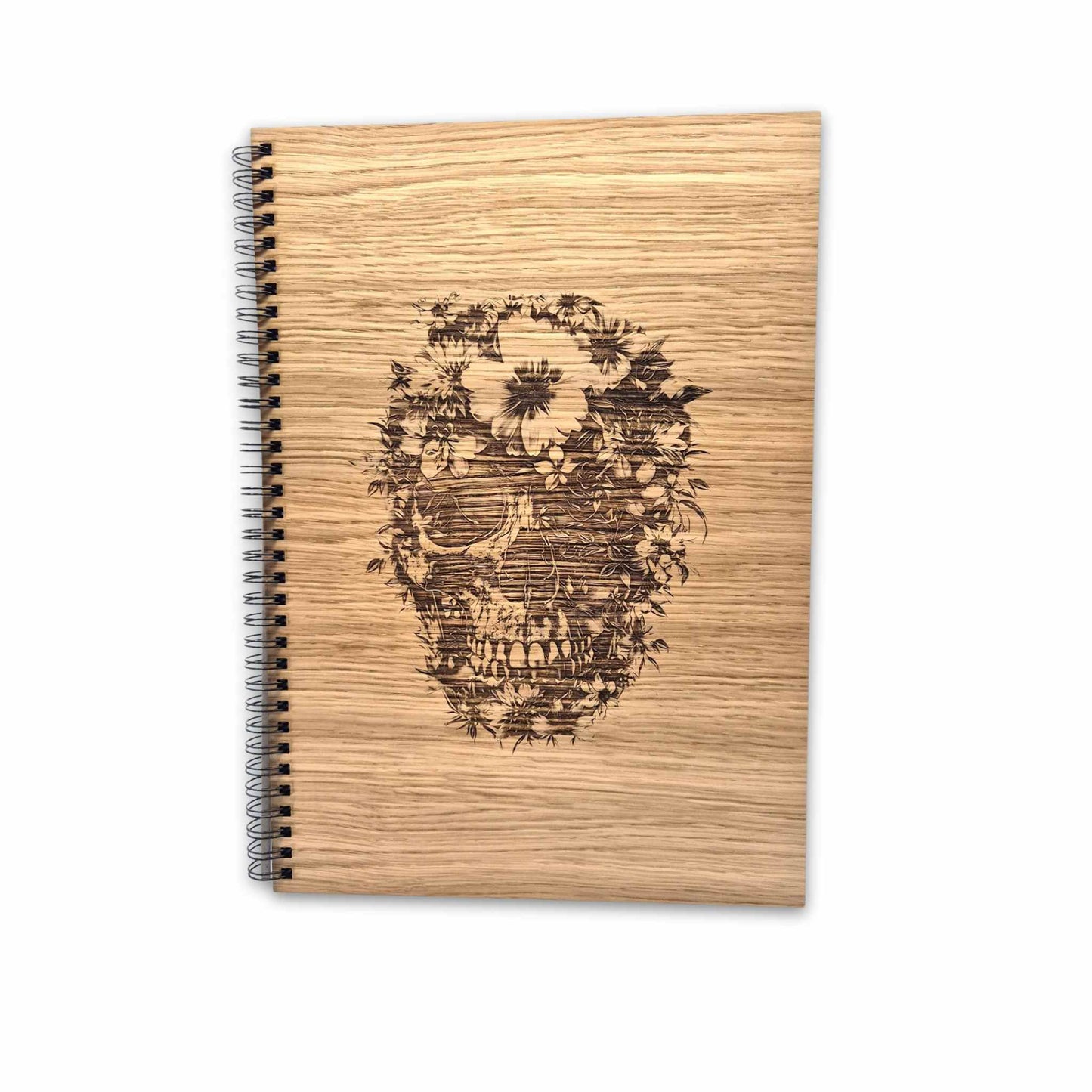 Notizblock / Schreibblock mit Holzcover aus Eichenholz und einer edlen  Lasergravur eines Totenkopfs