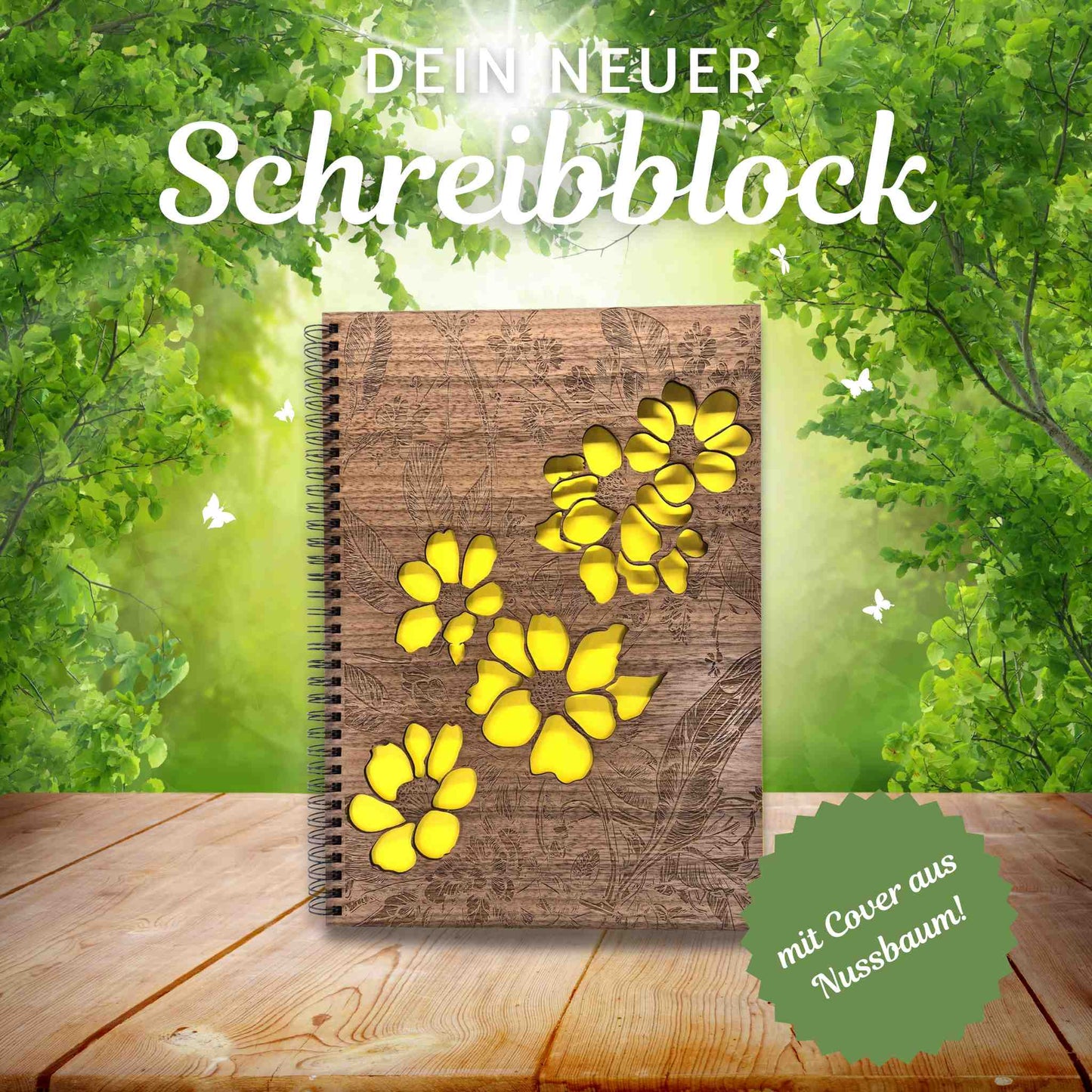 Edler Notizblock mit Holzcover aus Nussbaumholz und einer edlen Lasergravur mit Blumen