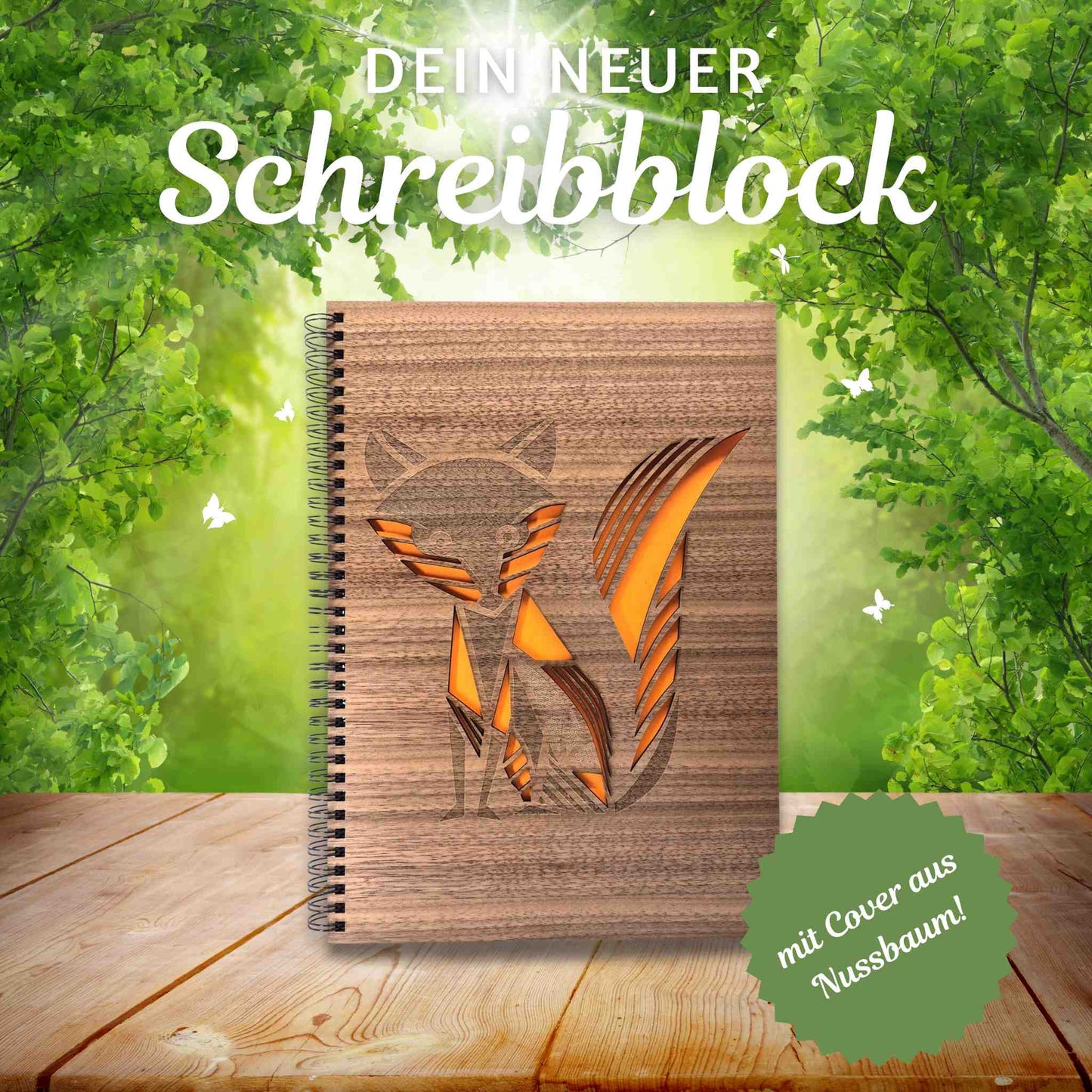 Notizblock mit Holzcover aus Nussbaumholz und einer edlen Lasergravur mit einem Fuchs und orangefarbigem Fell