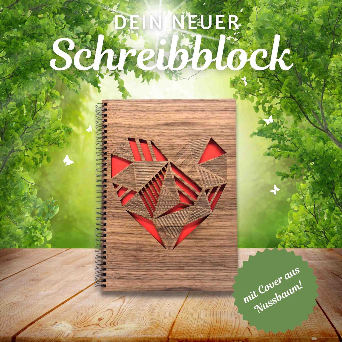 Notizblock mit Holzcover aus Nussbaumholz und einer edlen Lasergravur mit einem roten Herz
