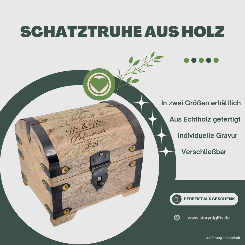 
                  
                    Schatztruhe / Geschenktruhe aus Holz, personalisierbar zur Hochzeit mit Gravur der Jahreszahl und Namen
                  
                